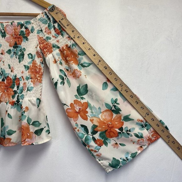 Mimi Chica Floral Off Shoulder Bell Long Sleeve Smocked Top Women Medium Cream - Picture 10 of 12